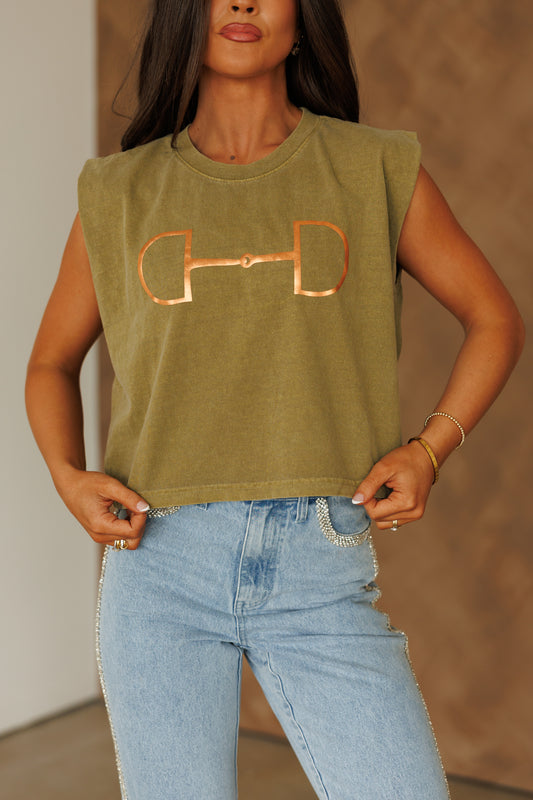 NEW!! "Metallic Cowgirl" Horsebit Muscle Tee in Olive