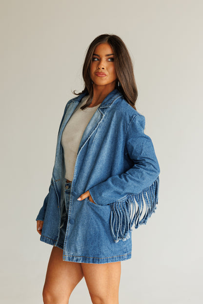 NEW!! "Status Symbol" Denim Fringe Blazer