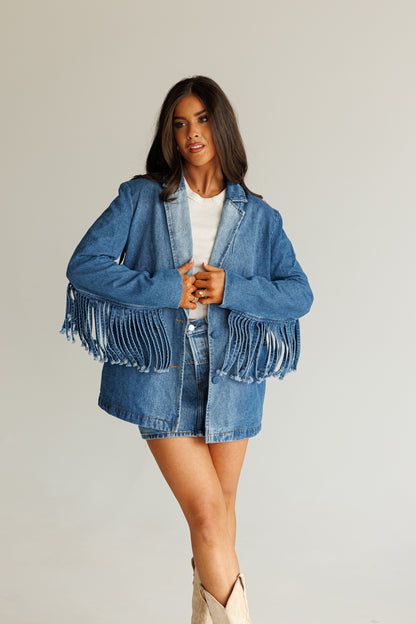 NEW!! "Status Symbol" Denim Fringe Blazer