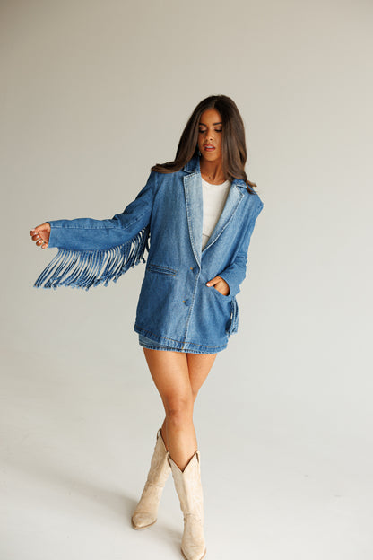NEW!! "Status Symbol" Denim Fringe Blazer
