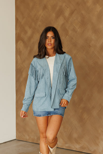 NEW!! "Front Runner" Faux Suede Fringe Jacket in Blue