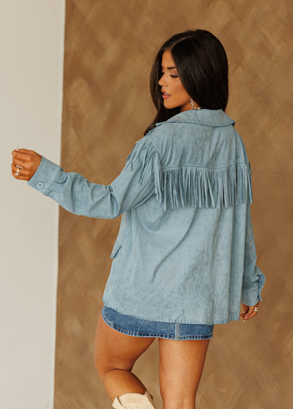 NEW!! "Front Runner" Faux Suede Fringe Jacket in Blue