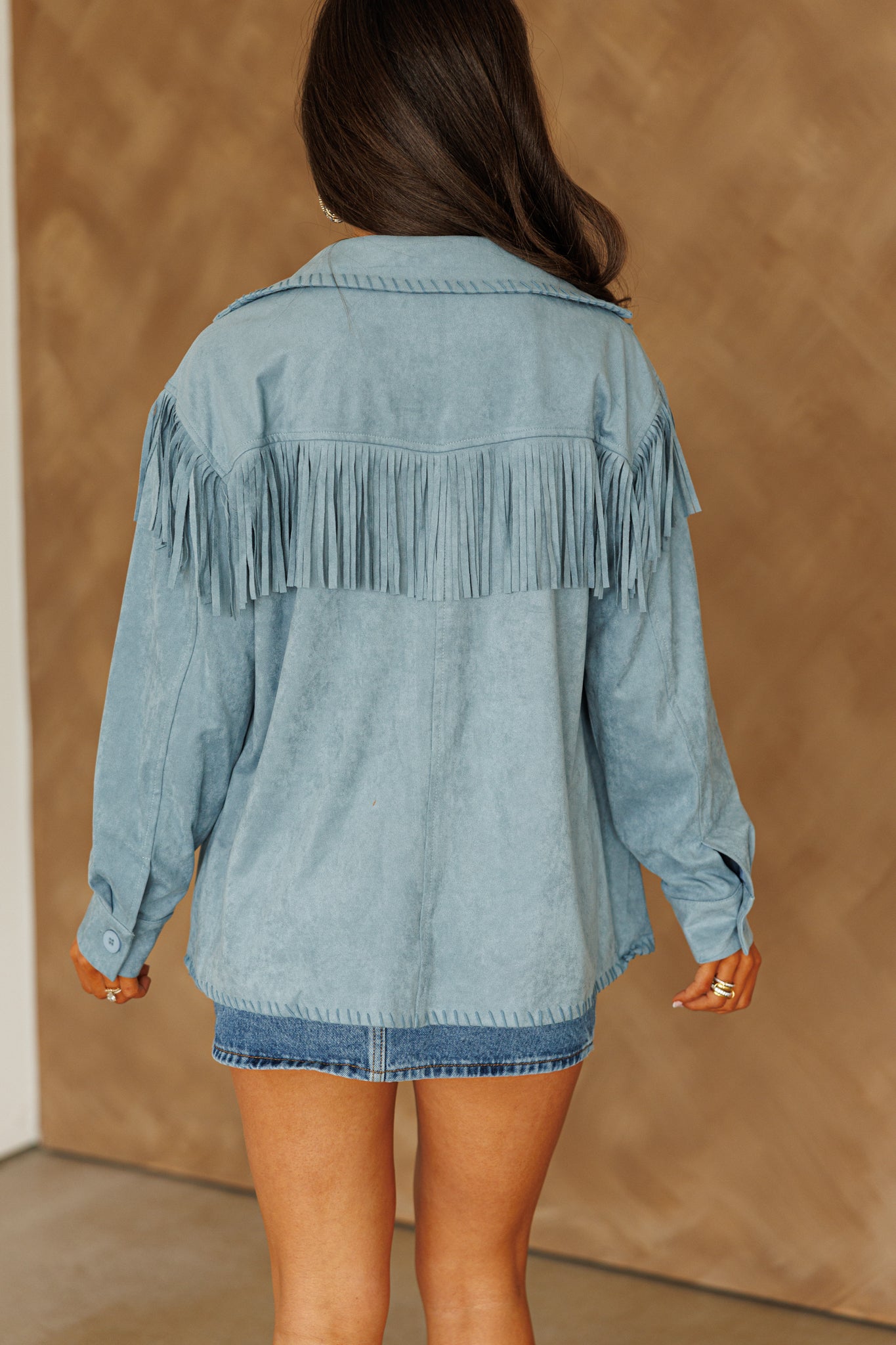 NEW!! "Front Runner" Faux Suede Fringe Jacket in Blue