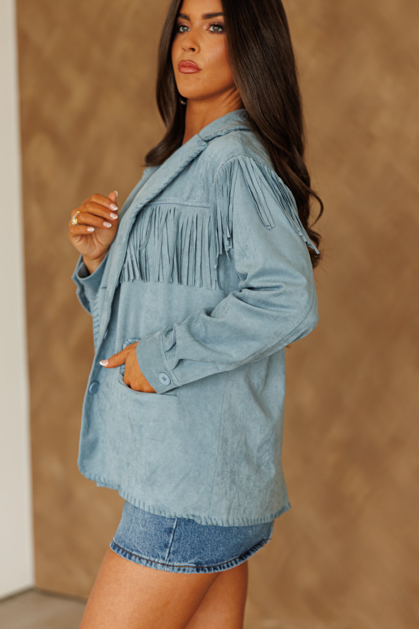 NEW!! "Front Runner" Faux Suede Fringe Jacket in Blue