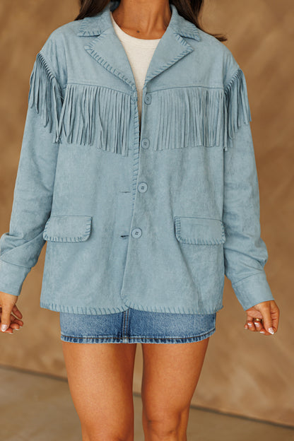 NEW!! "Front Runner" Faux Suede Fringe Jacket in Blue