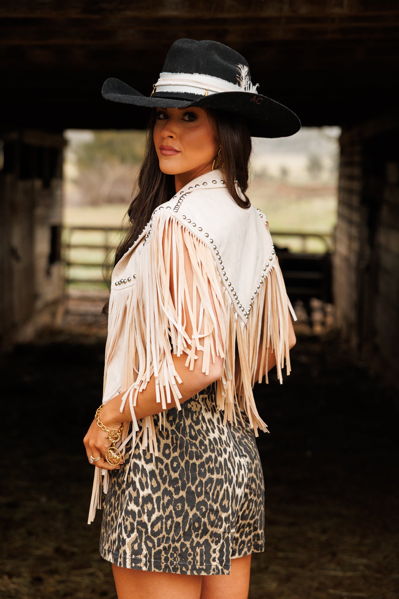 The "Wrangler" Studded Fringe Cream Suede Shawl