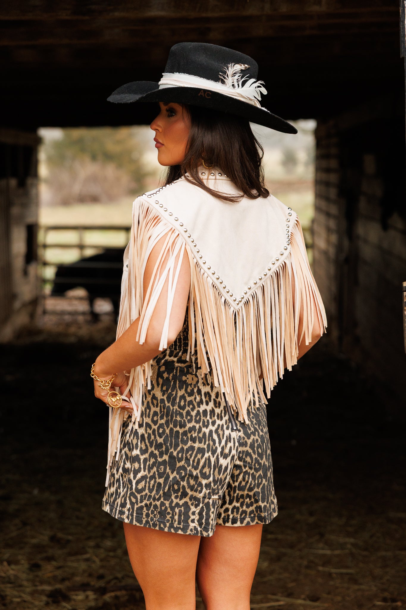 The "Wrangler" Studded Fringe Cream Suede Shawl