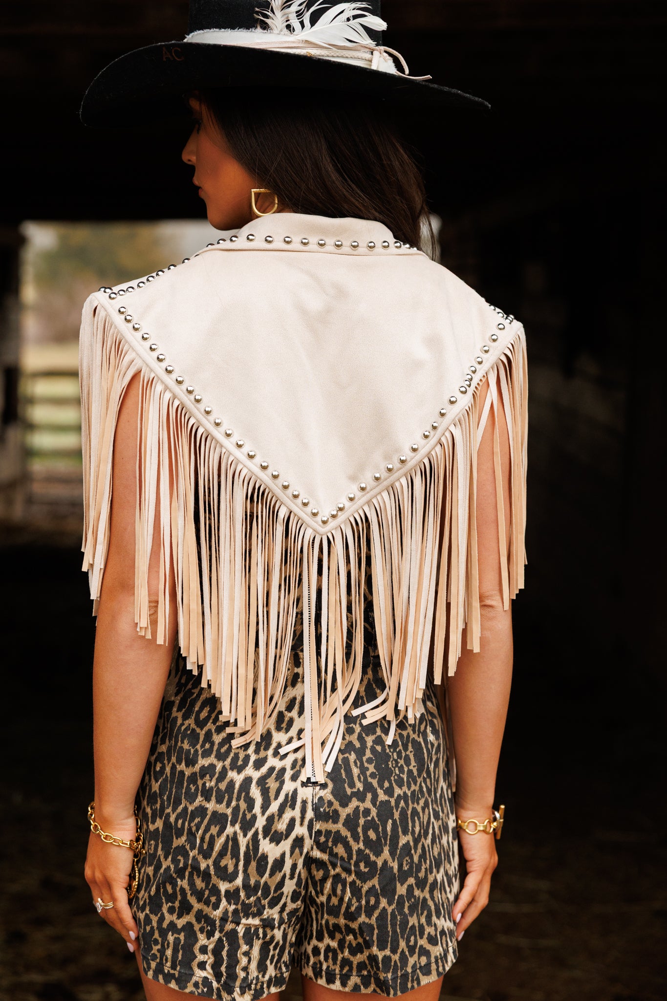 The "Wrangler" Studded Fringe Cream Suede Shawl