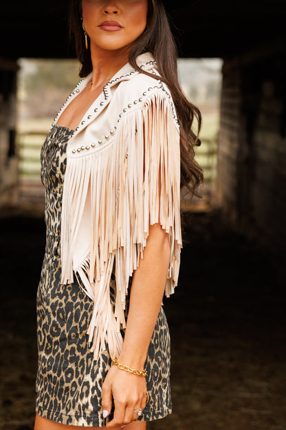 The "Wrangler" Studded Fringe Cream Suede Shawl