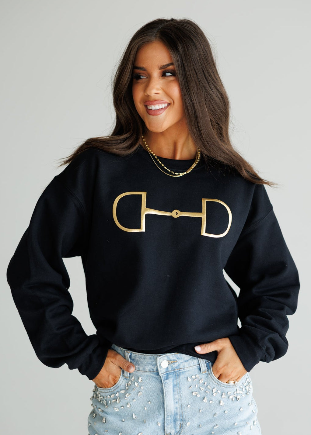 "Metallic Cowgirl" Horsebit Sweatshirt in Black