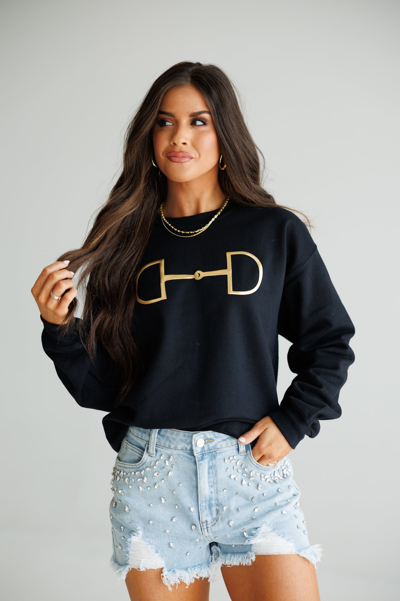 "Metallic Cowgirl" Horsebit Sweatshirt in Black