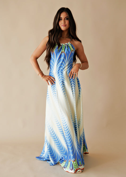 The "Amalfi" Halter Maxi Dress in Peacock