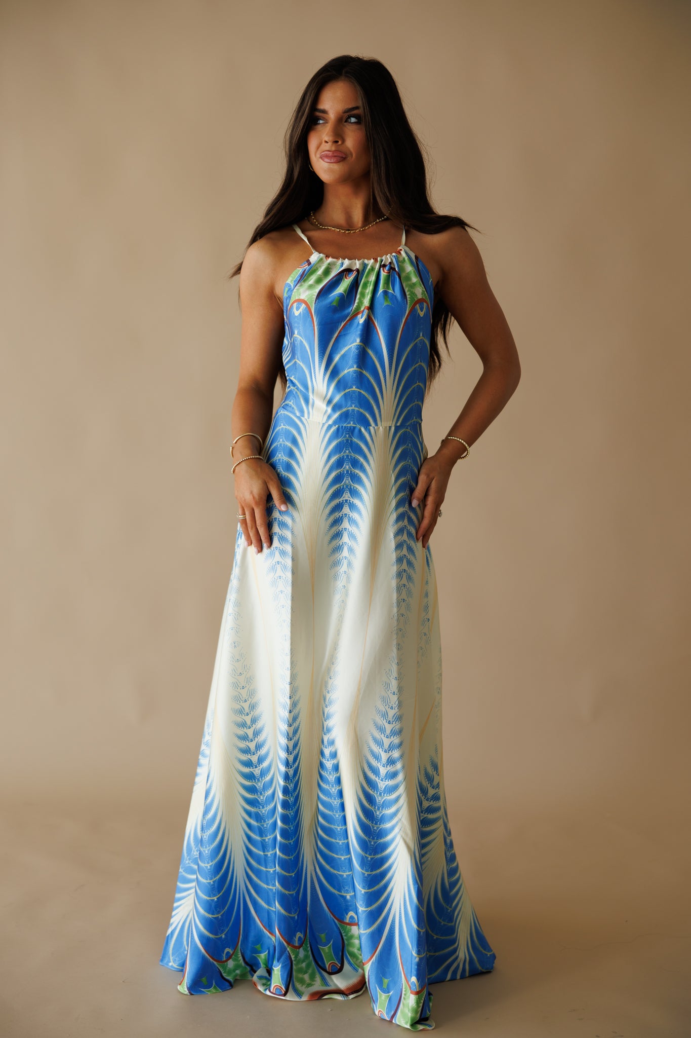 The "Amalfi" Halter Maxi Dress in Peacock