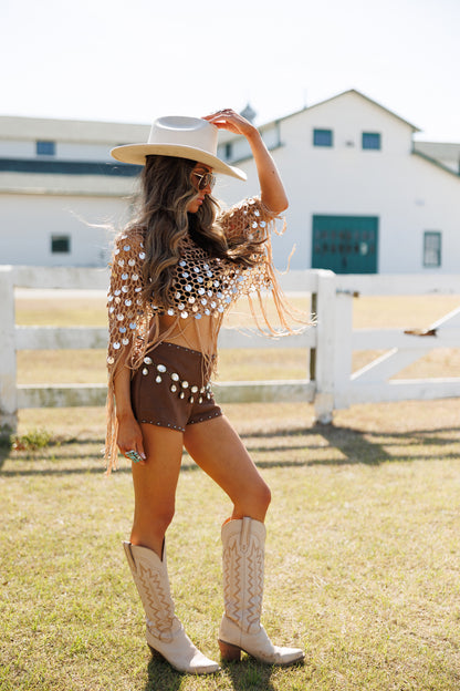 "Lunara" Sequin Crochet Top in Tan