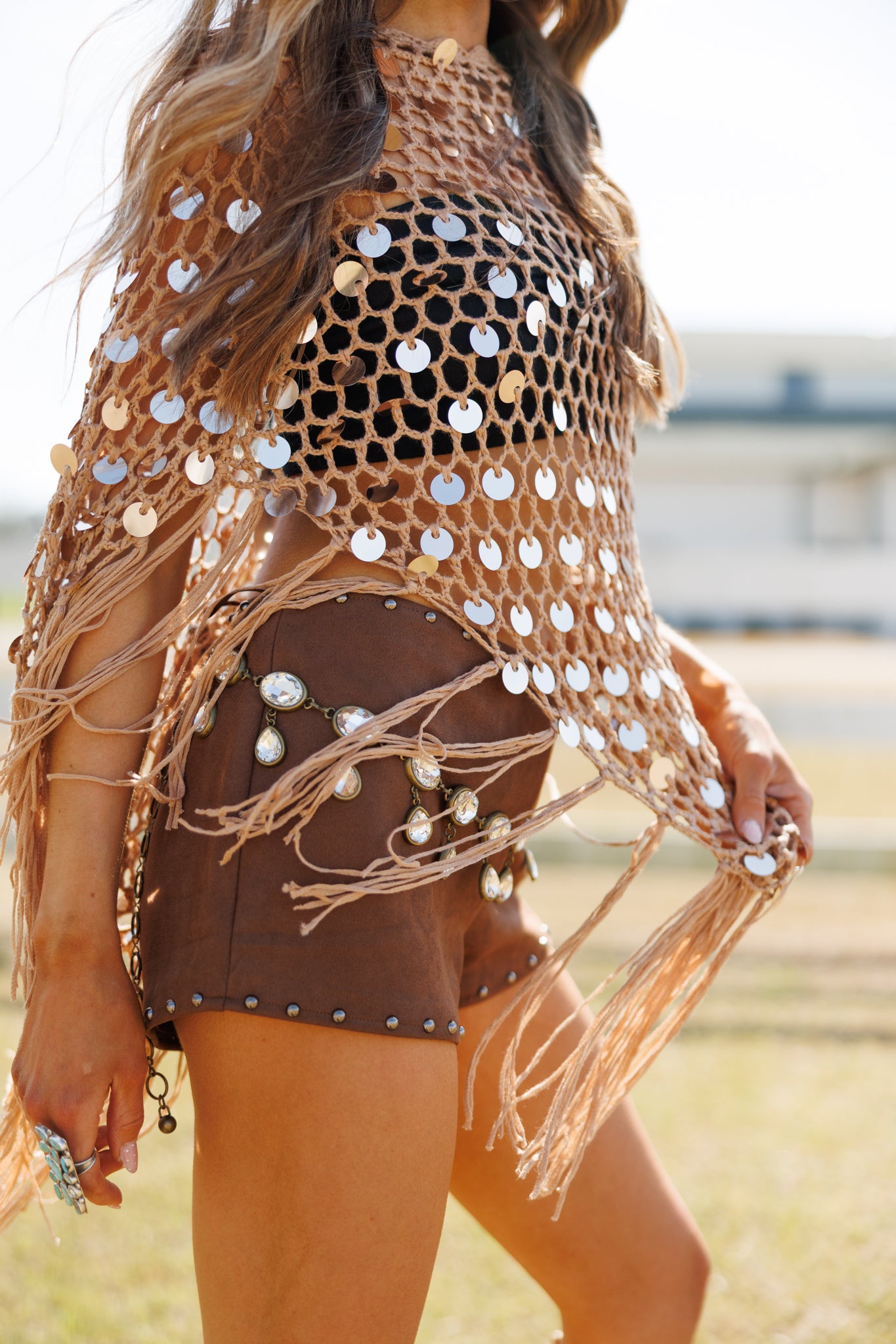 "Lunara" Sequin Crochet Top in Tan