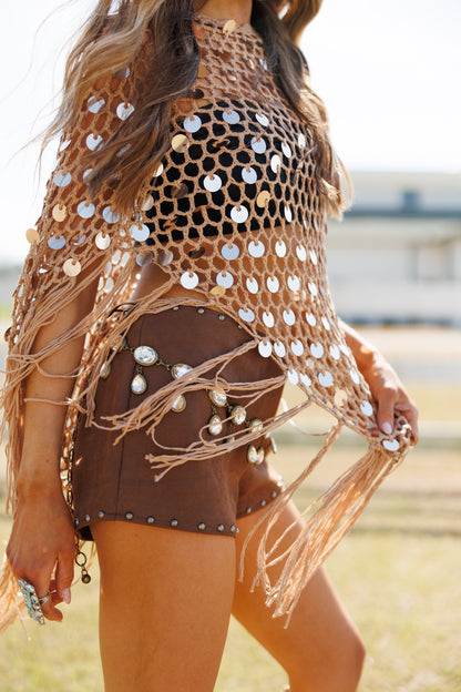 "Lunara" Sequin Crochet Top in Tan