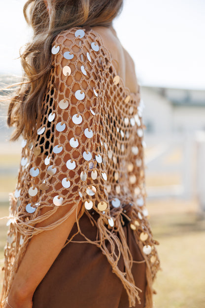 "Lunara" Sequin Crochet Top in Tan