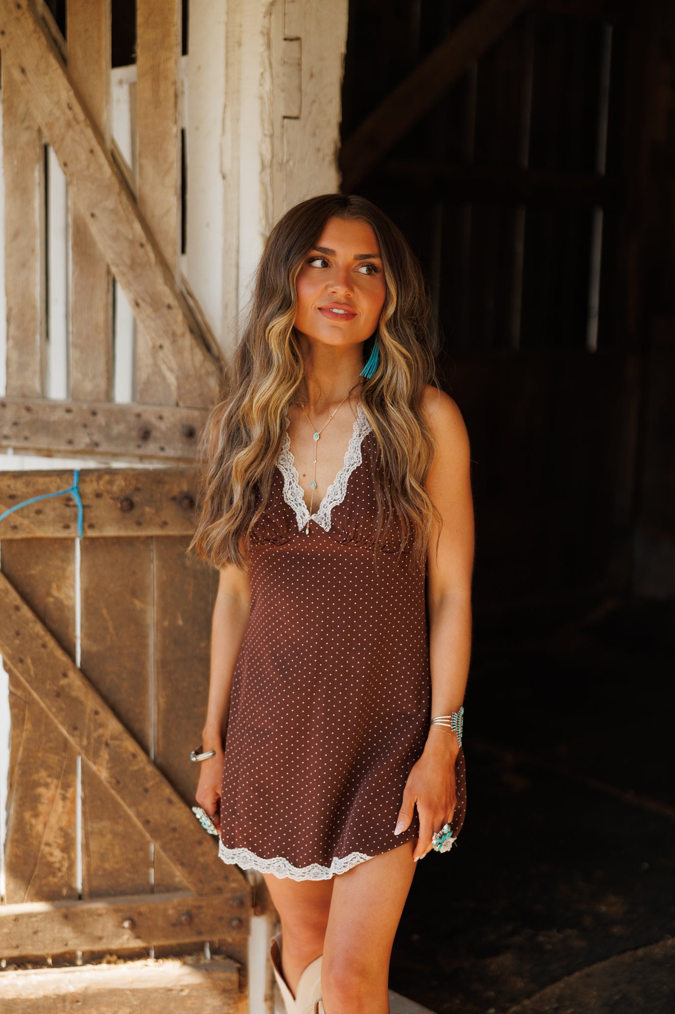 "Stassi" Polka Dot Halter Mini Dress in Brown