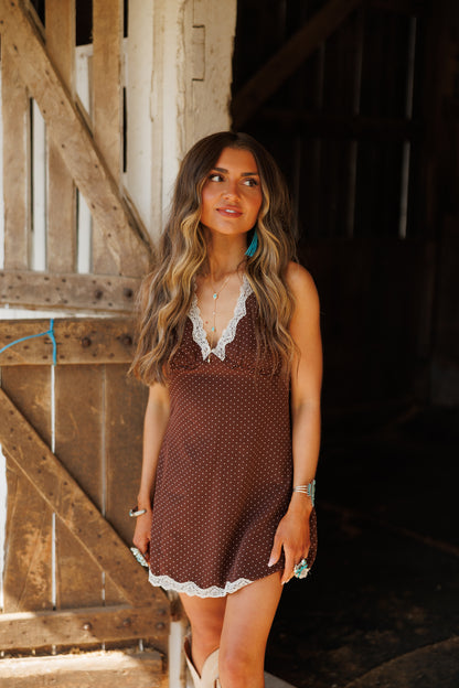 "Stassi" Polka Dot Halter Mini Dress in Brown