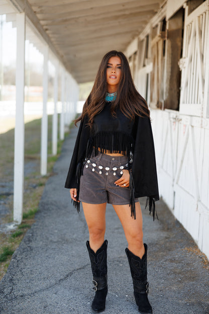 "Midnight Rodeo" Fringe Shawl in Black