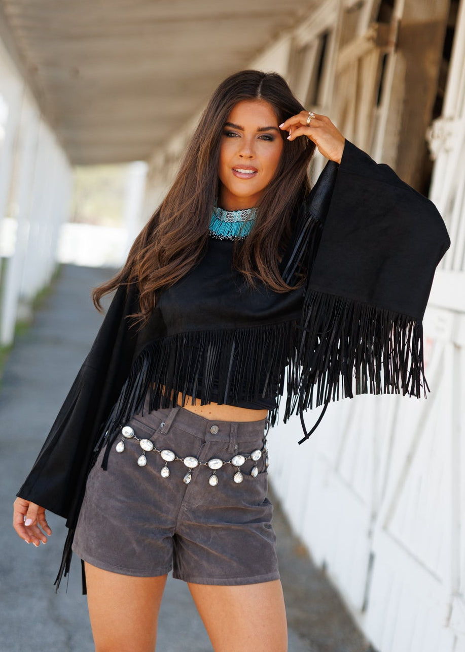 "Midnight Rodeo" Fringe Shawl in Black