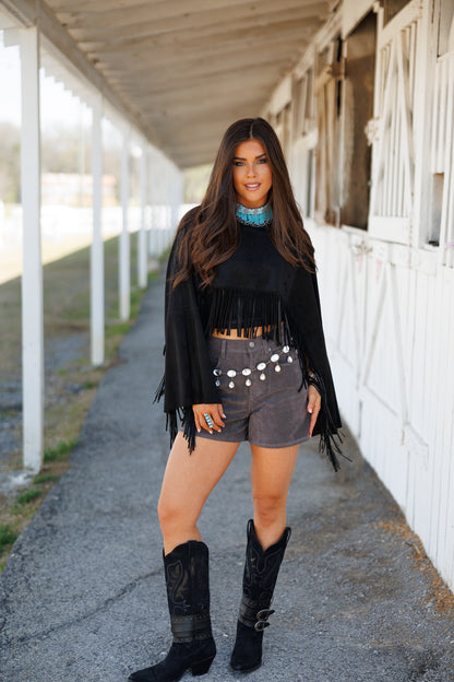 "Midnight Rodeo" Fringe Shawl in Black