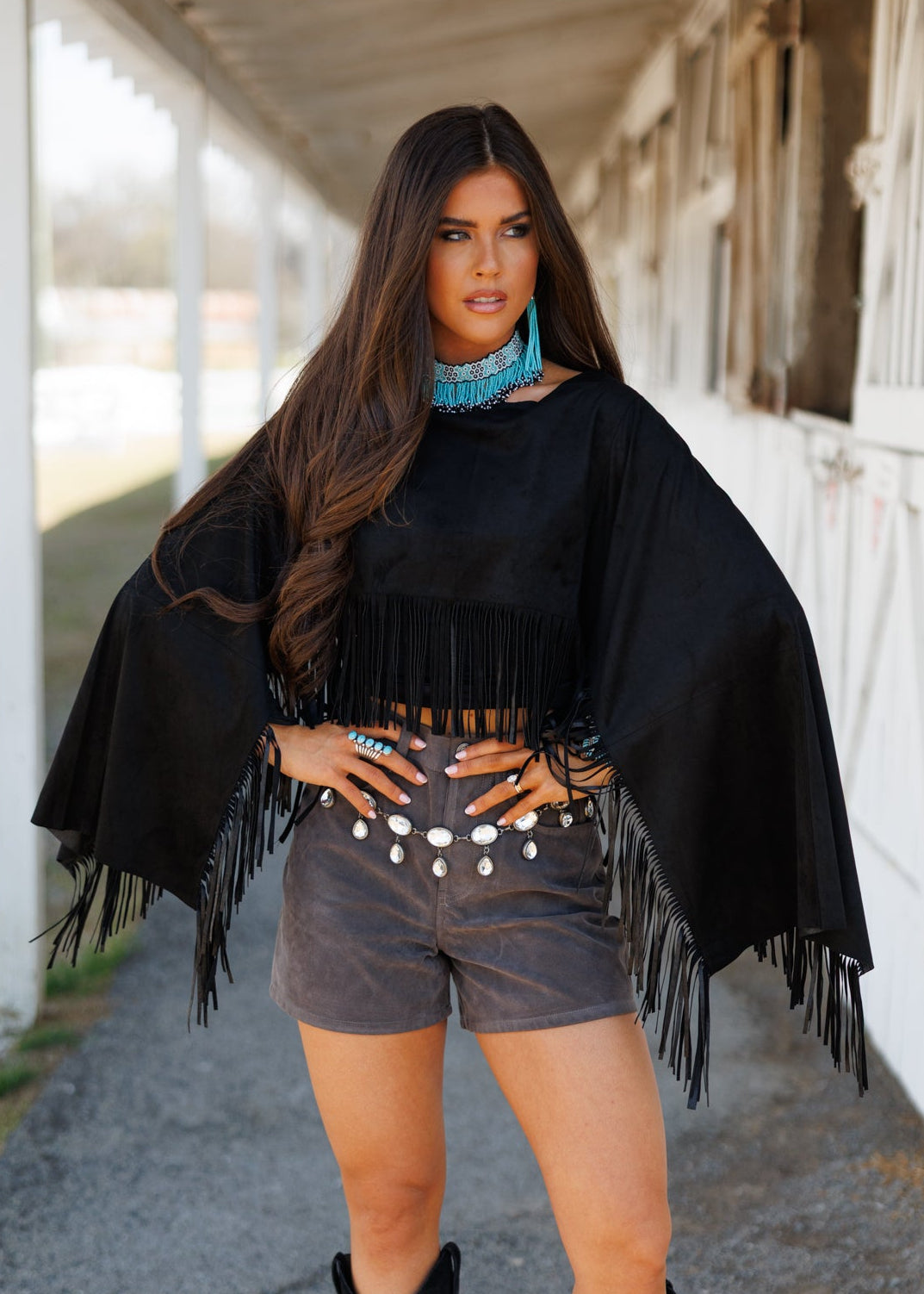 "Midnight Rodeo" Fringe Shawl in Black