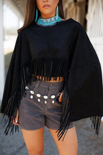 "Midnight Rodeo" Fringe Shawl in Black