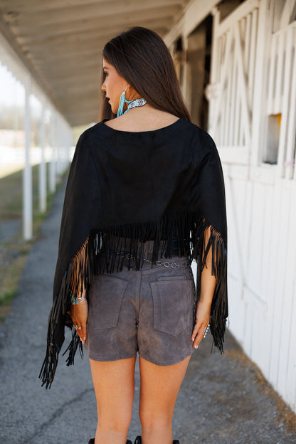"Midnight Rodeo" Fringe Shawl in Black
