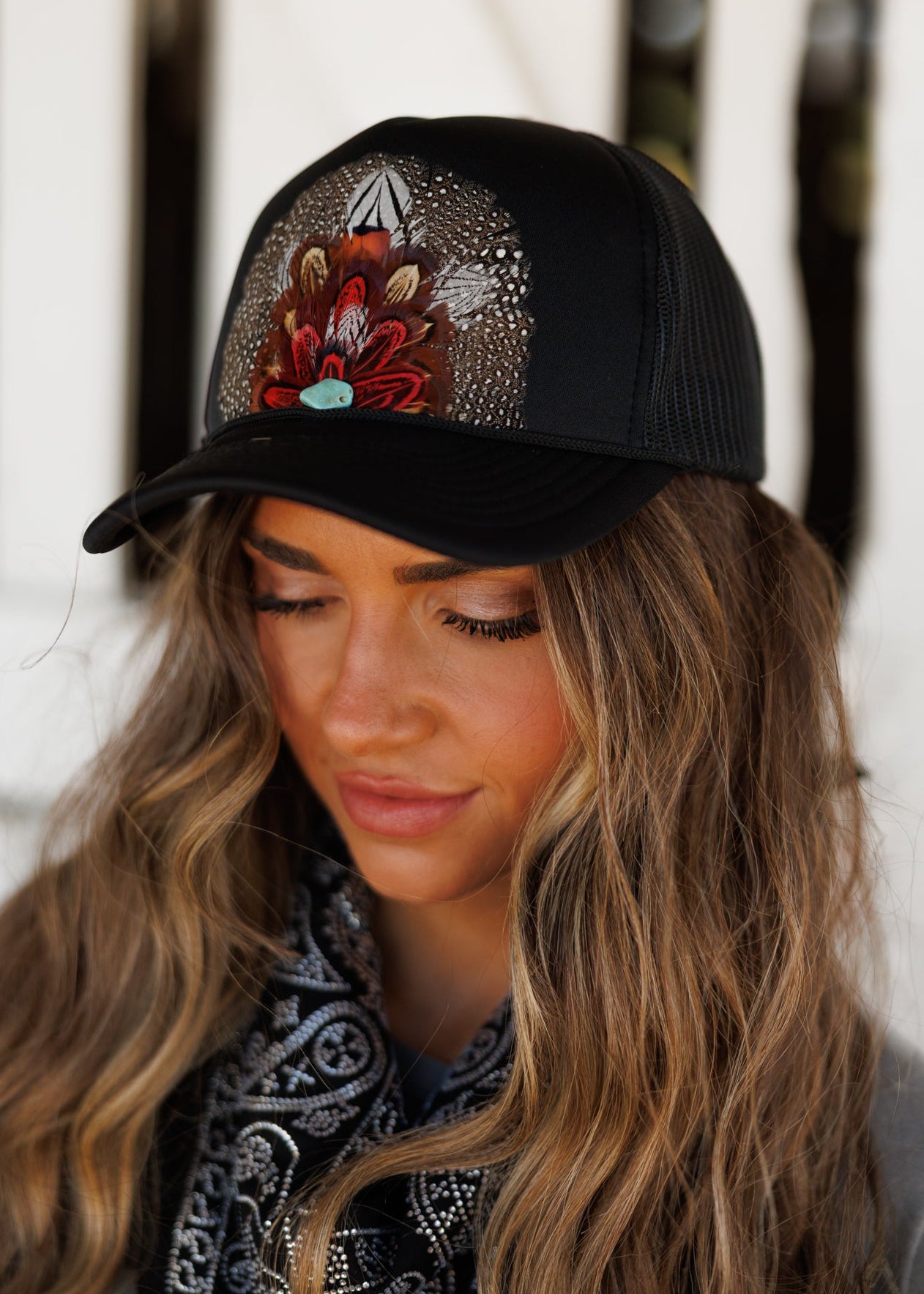 Feather Trucker Hat in Black