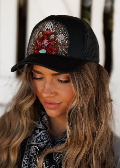 Feather Trucker Hat in Black