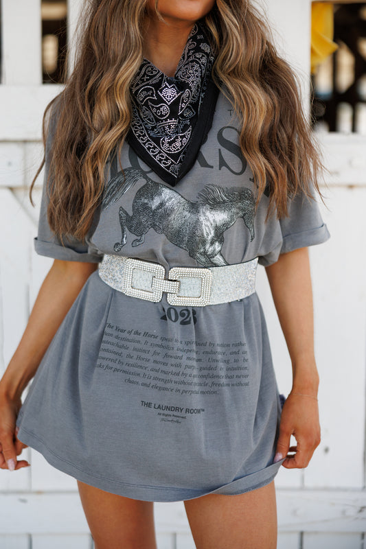 "Year Of The Horse" Oversized Graphic Tee in Grey