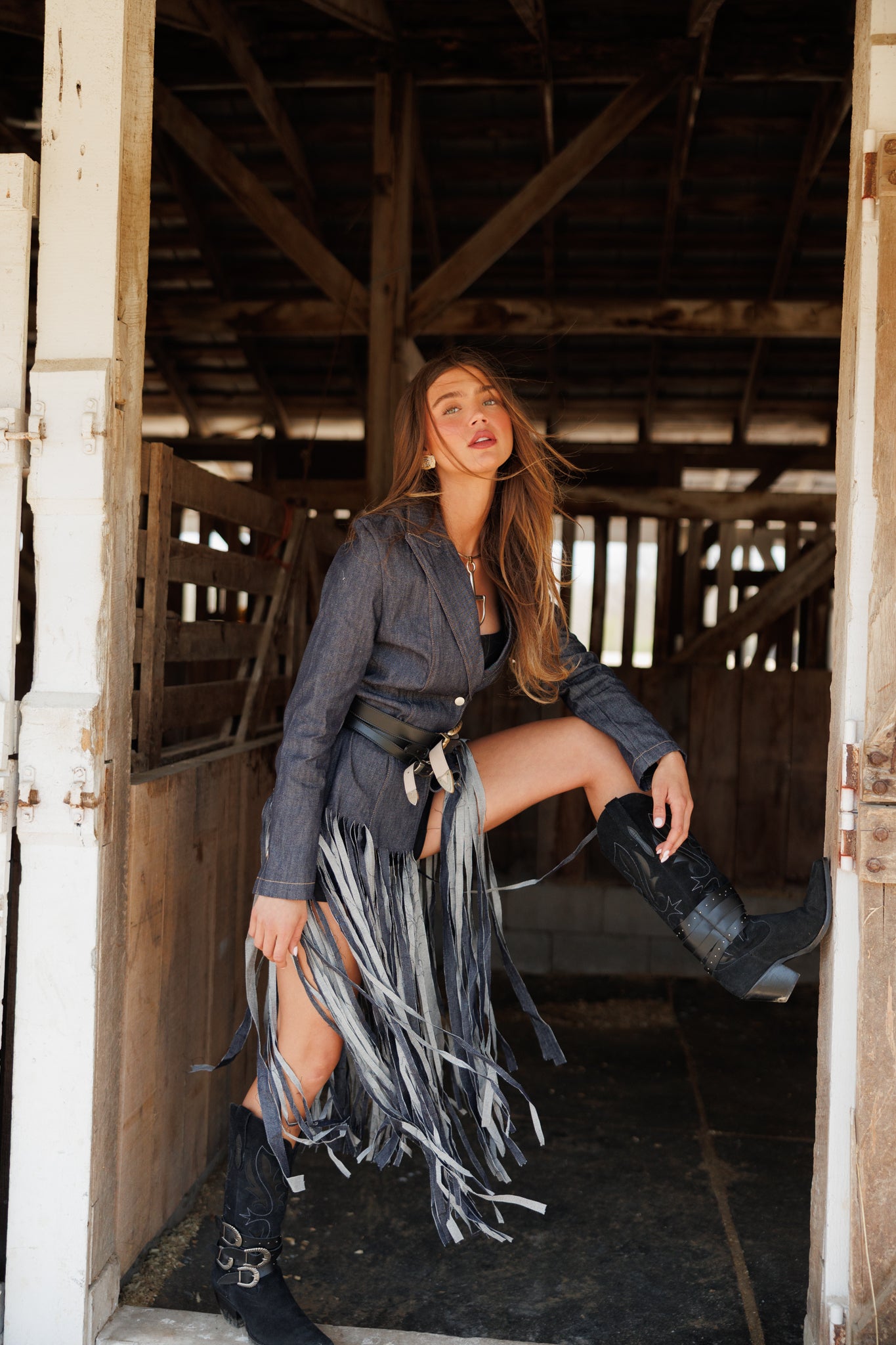 "Center Stage" Fringe Denim Blazer