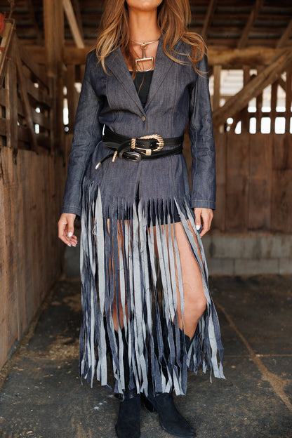 "Center Stage" Fringe Denim Blazer