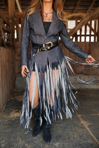 "Center Stage" Fringe Denim Blazer