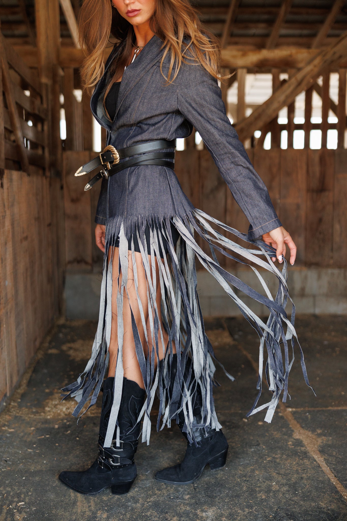 "Center Stage" Fringe Denim Blazer