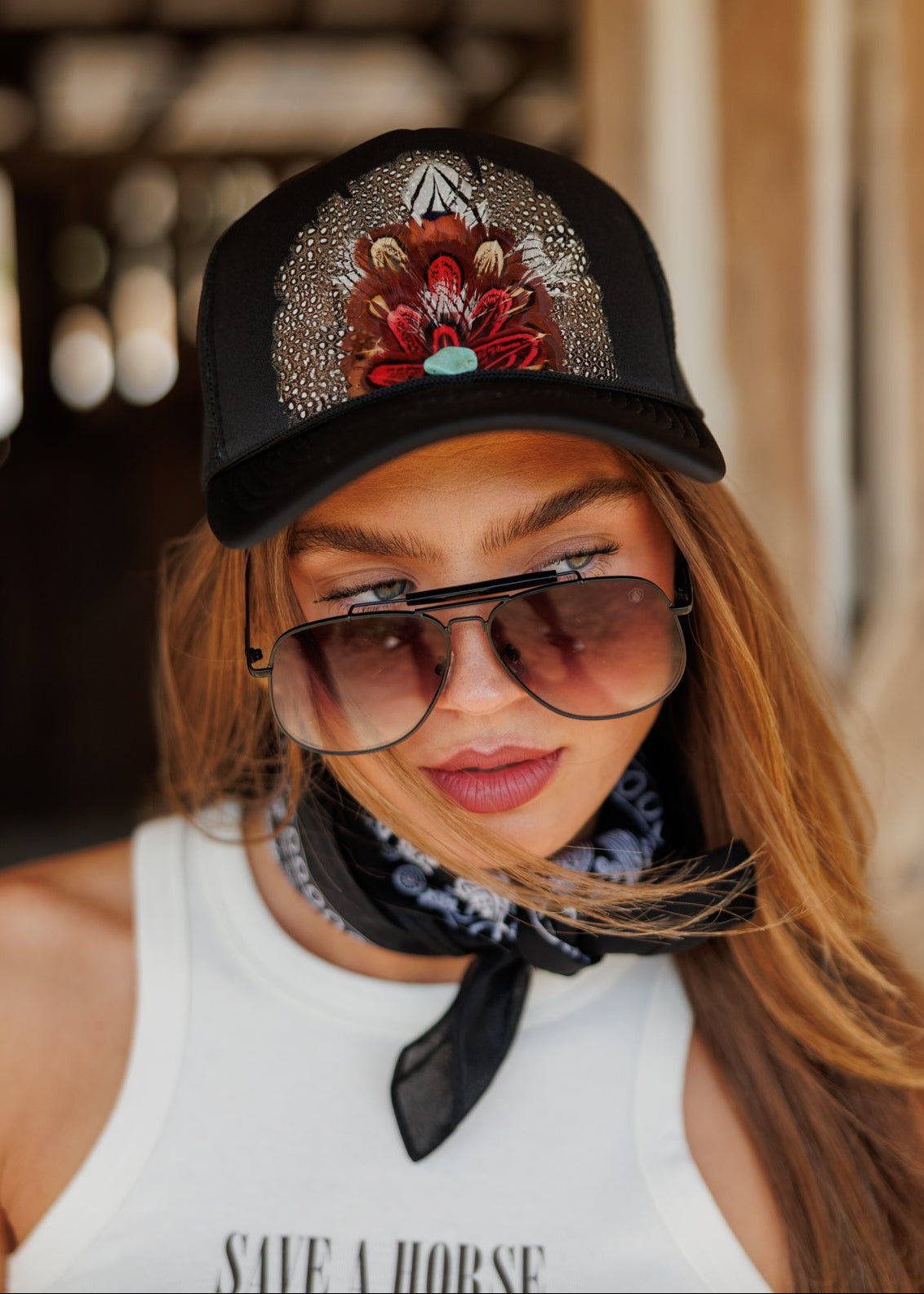 Feather Trucker Hat in Black