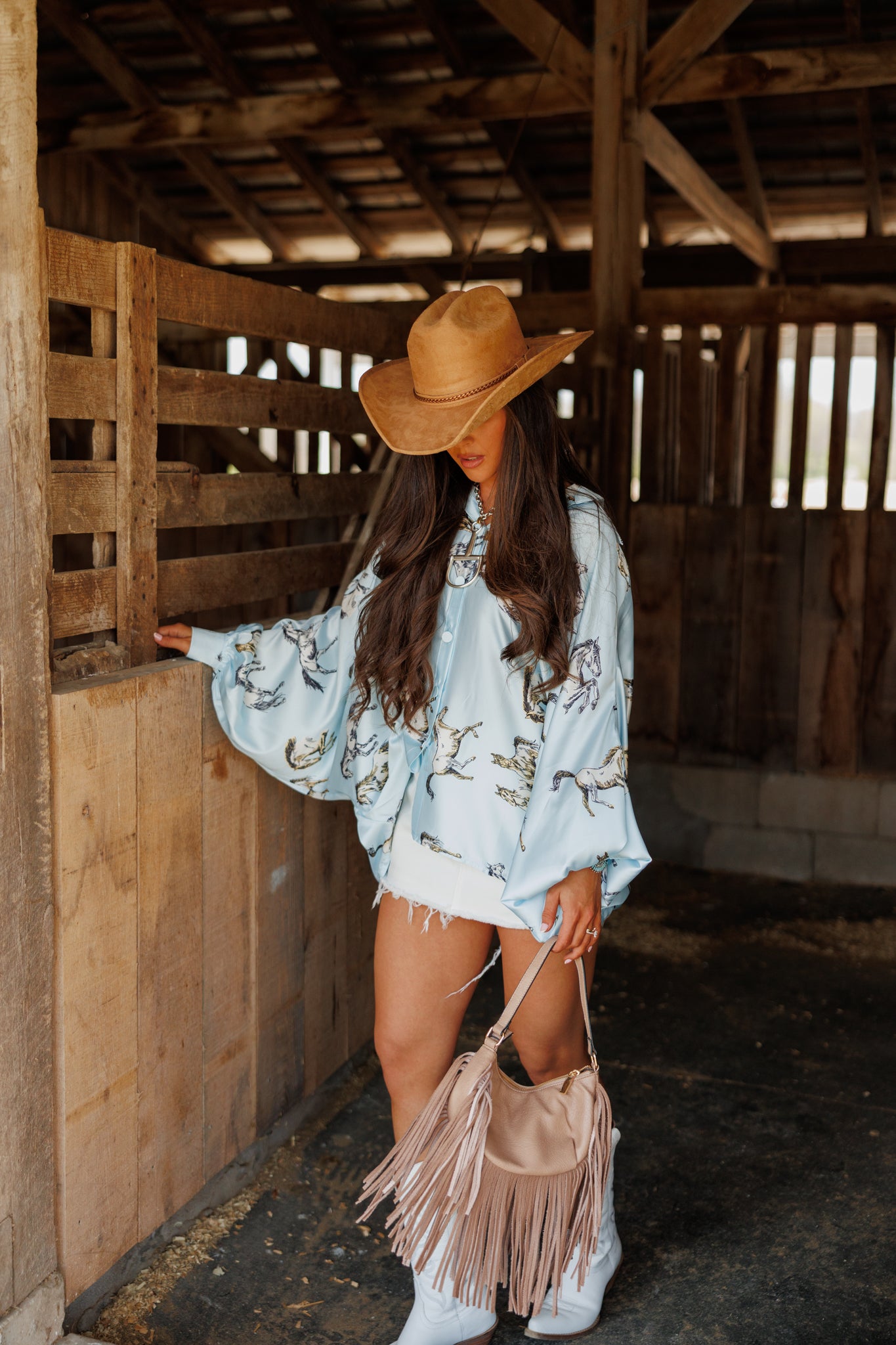 Horseprint Satin Top in Blue