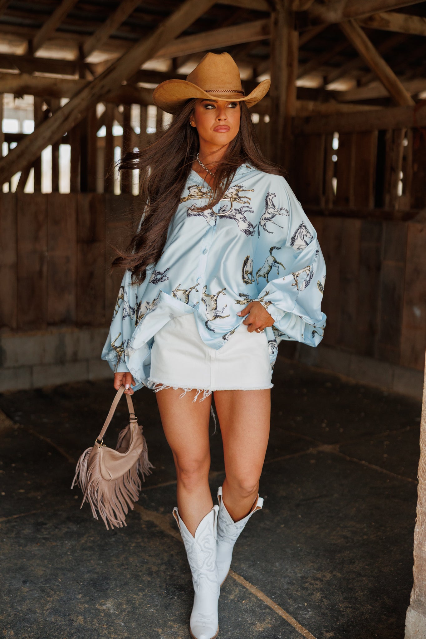 Horseprint Satin Top in Blue