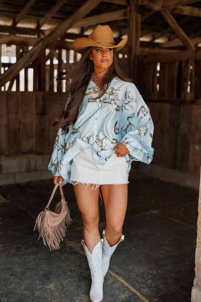 Horseprint Satin Top in Blue