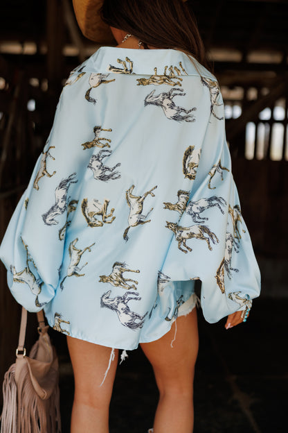 Horseprint Satin Top in Blue