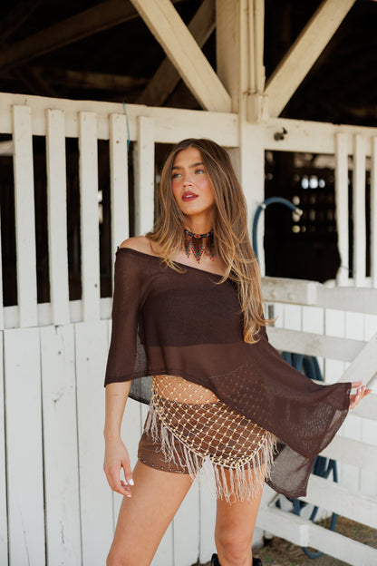 "Solei" Knit Asymmetric Poncho in Brown