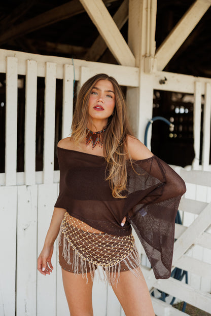 "Solei" Knit Asymmetric Poncho in Brown