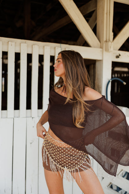 "Solei" Knit Asymmetric Poncho in Brown