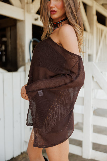 "Solei" Knit Asymmetric Poncho in Brown