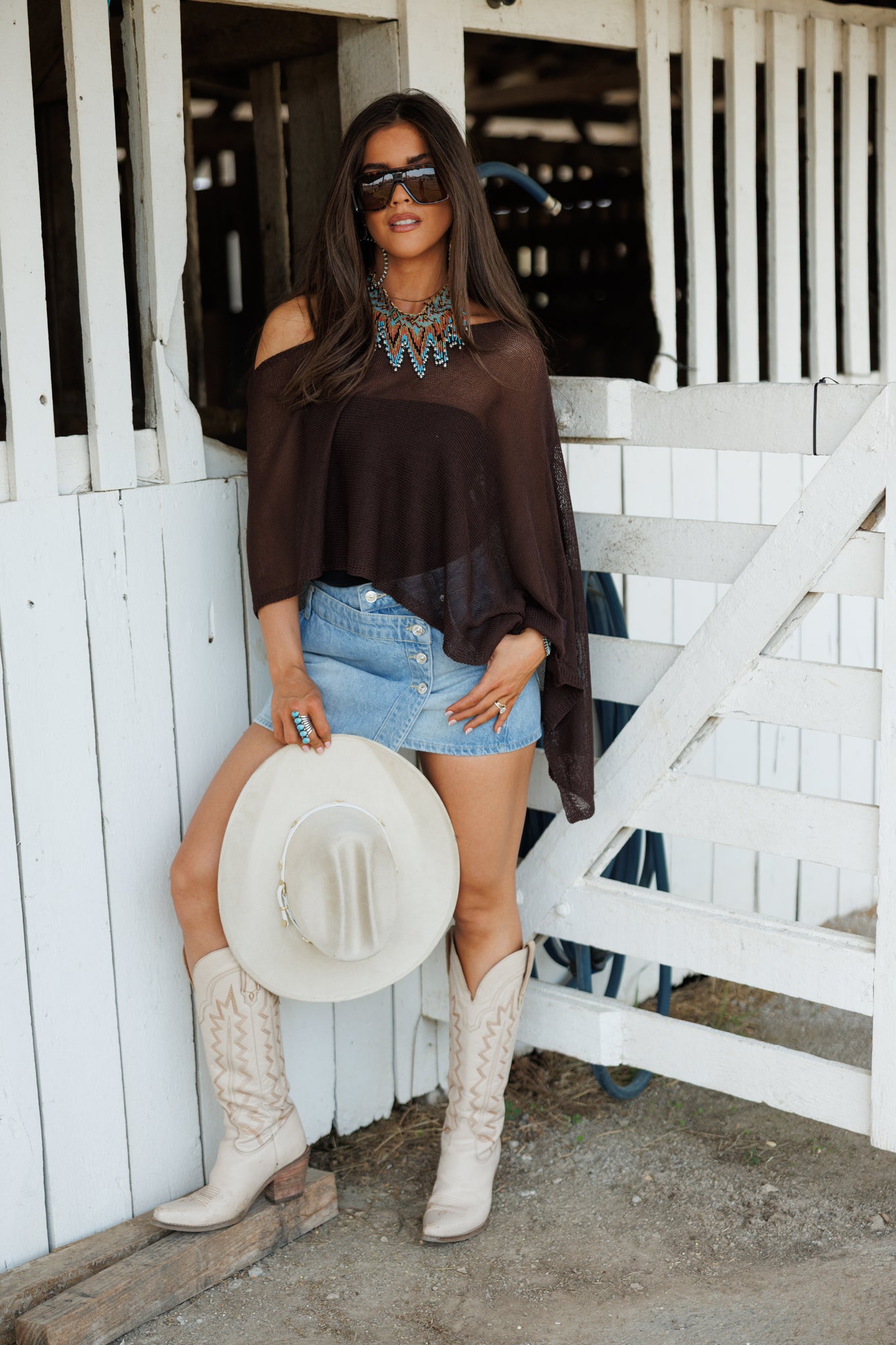 "Solei" Knit Asymmetric Poncho in Brown