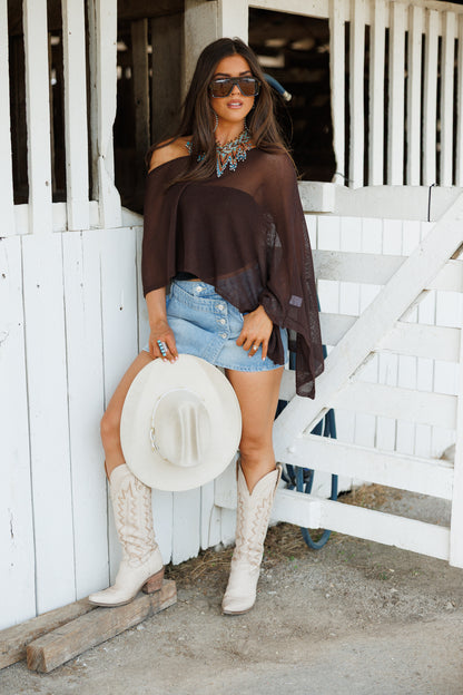 "Solei" Knit Asymmetric Poncho in Brown