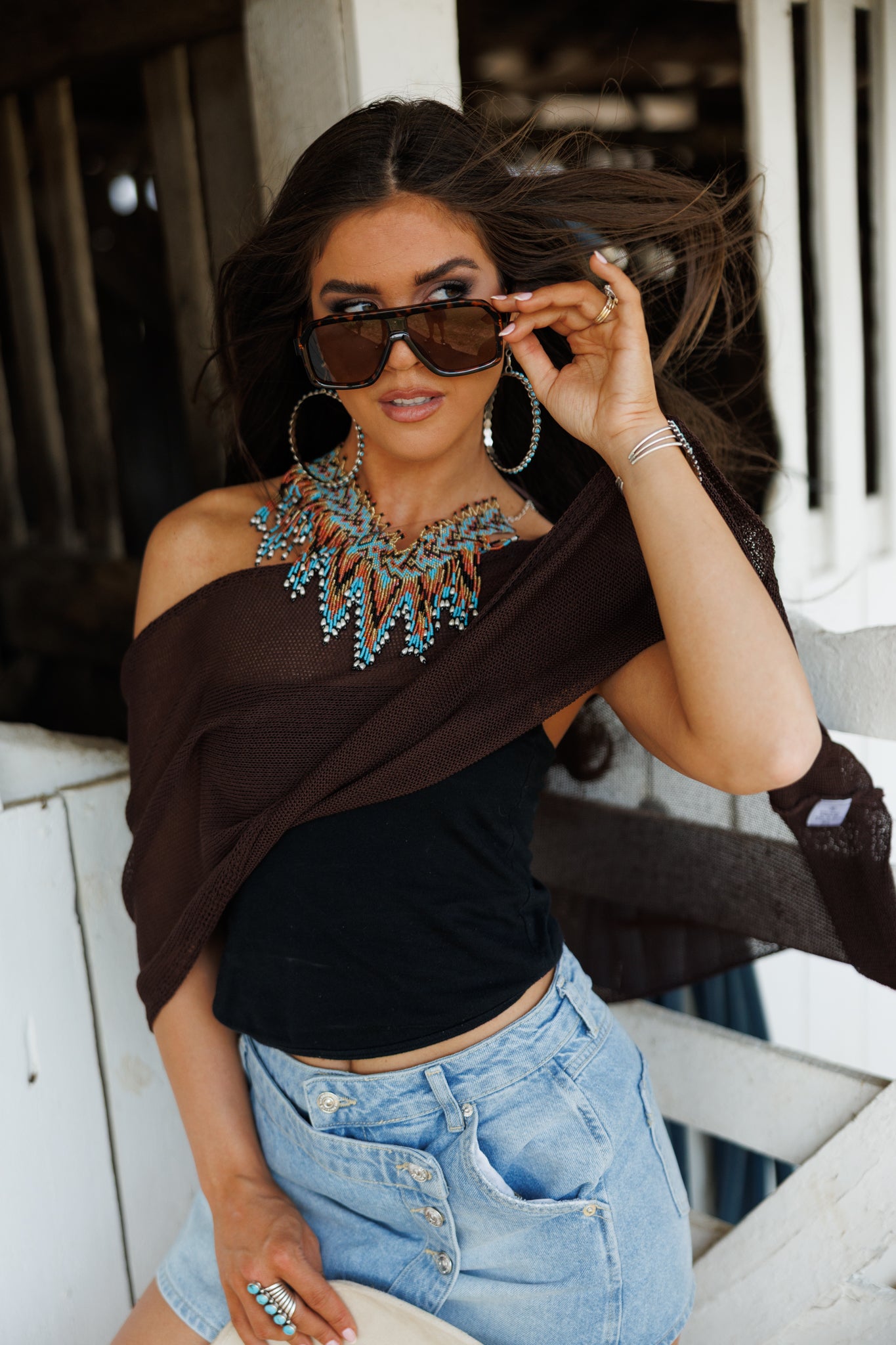 "Solei" Knit Asymmetric Poncho in Brown
