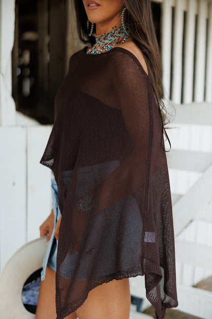 "Solei" Knit Asymmetric Poncho in Brown