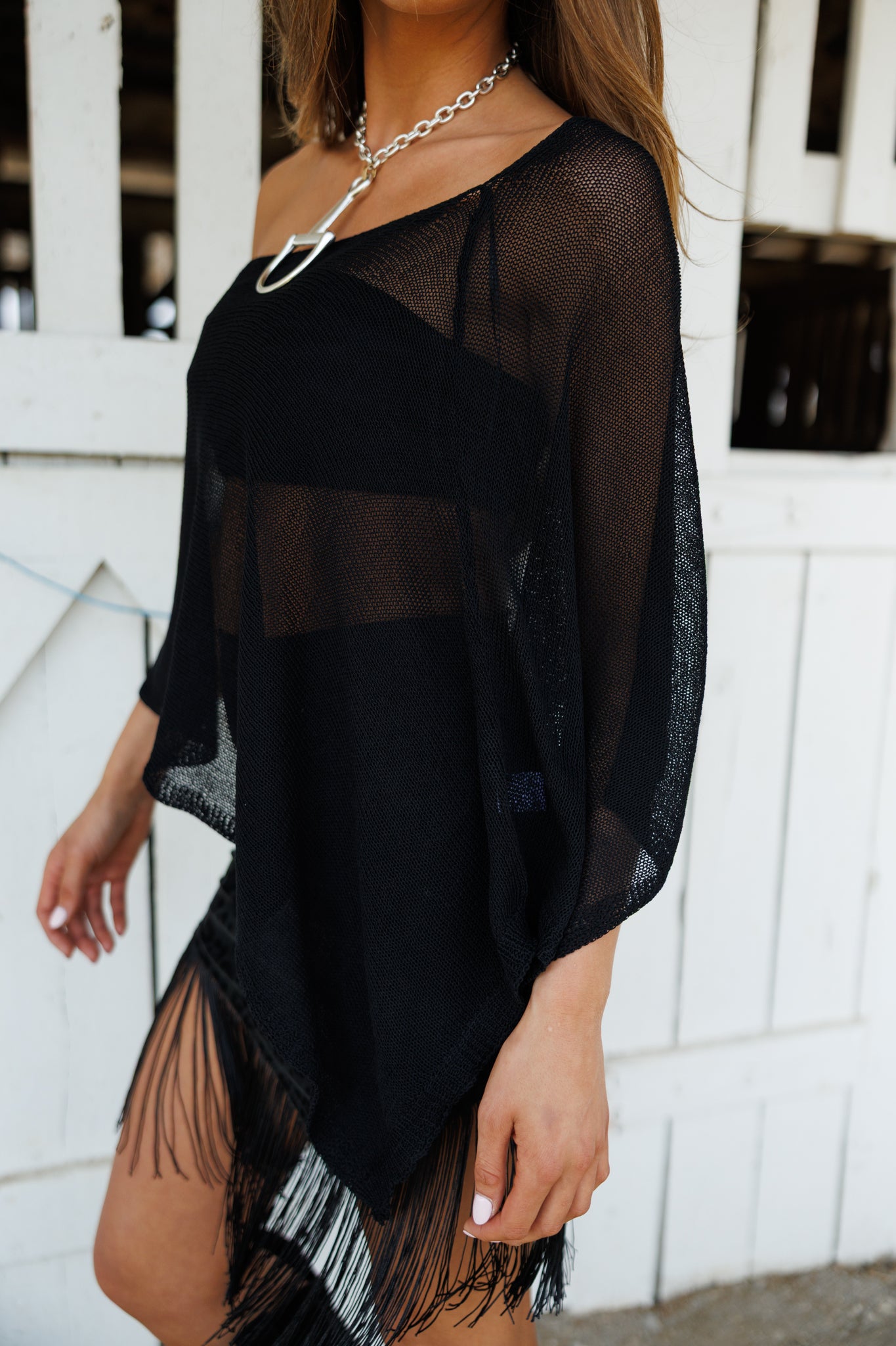 "Solei" Knit Asymmetric Poncho in Black